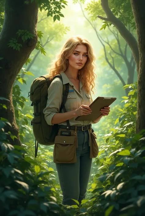 Katherine Miller,  23 years old, long hair, blond and curly,  sweet and angelic face , She is wearing the clothes of a biologist specializing in botany and is in the middle of the dense forest