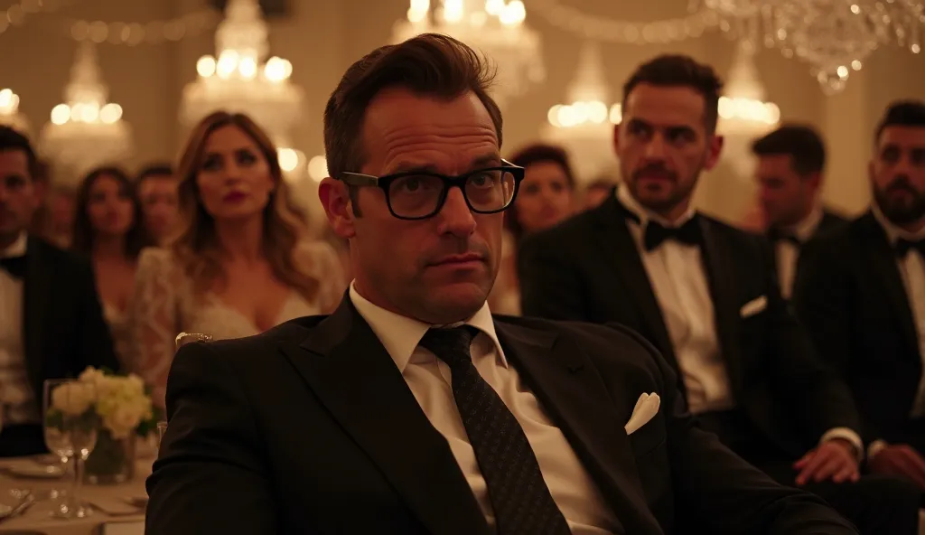 Image of Ethan Lancaster, a 45-year-old blind billionaire,with glasses black, with a determined and confident look, sitting in a wheelchair at a luxurious gala event with crystal chandeliers and elegant guests. In the background, Ava, his 38-year-old ex-fi...