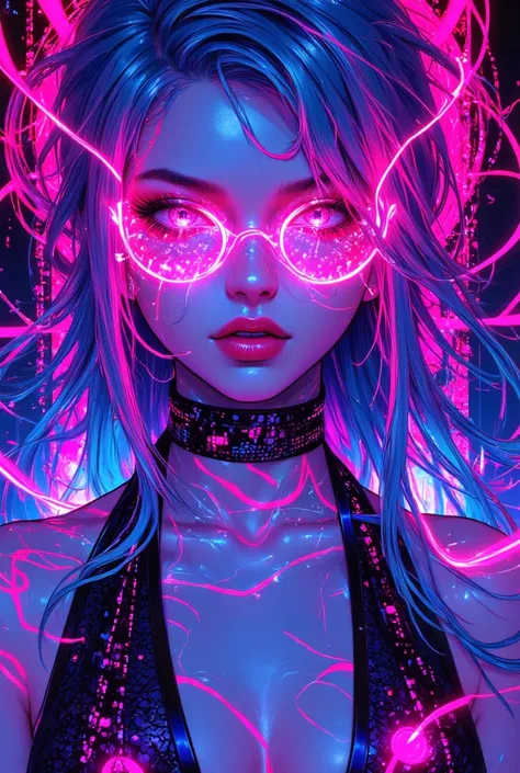 futuristic hacker female, long hair＋Mesh Color（Blue or purple ) asymmetrical hairstyle ,Wear futuristic bondage lingerie with fluorescent lines, pure white skin,stares at viewers,Fearless Laugh, pink、  neon blue、purple  、Use silver a lot, pinkと蛍光グリーンのアクセント...