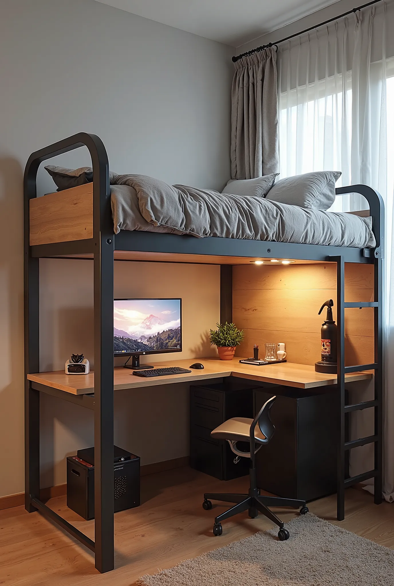 Mezzanine single bed with gamer desk underneath