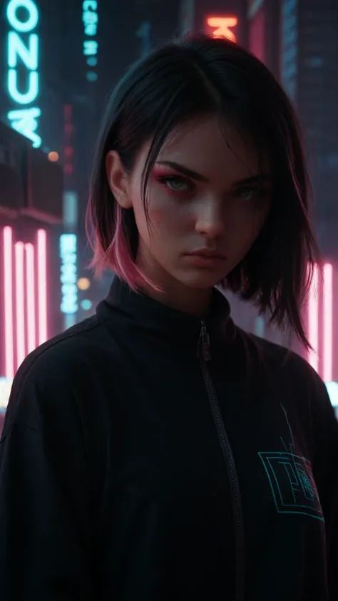 A neon-style illustration of a young woman with black hair and pink streaks. She has a determined yet reflective expression, with eyes that show both strength and vulnerability. She is surrounded by a futuristic, neon-lit cityscape, symbolizing the pressur...