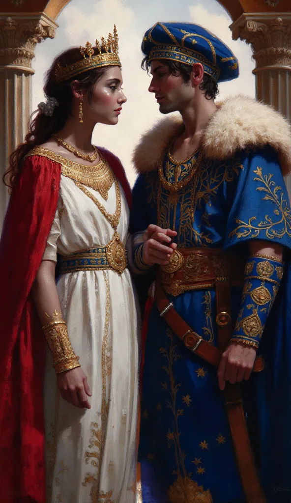 A historical painting: A Roman princess and a young Göktürk khan. The Roman princess wears a white tunic with golden embroidery, a red cloak, and a pearl-adorned tiara. She has an elegant and regal posture. The Göktürk khan wears a blue and gold embroidere...