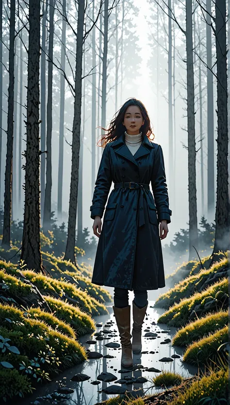 Hyper-realistic 8K photograph of a young woman walking alone through a dense, fog-covered forest. She wears a long, dark coat, her boots crunching against the damp earth. The mist swirls around the tall trees, creating an almost otherworldly atmosphere. He...