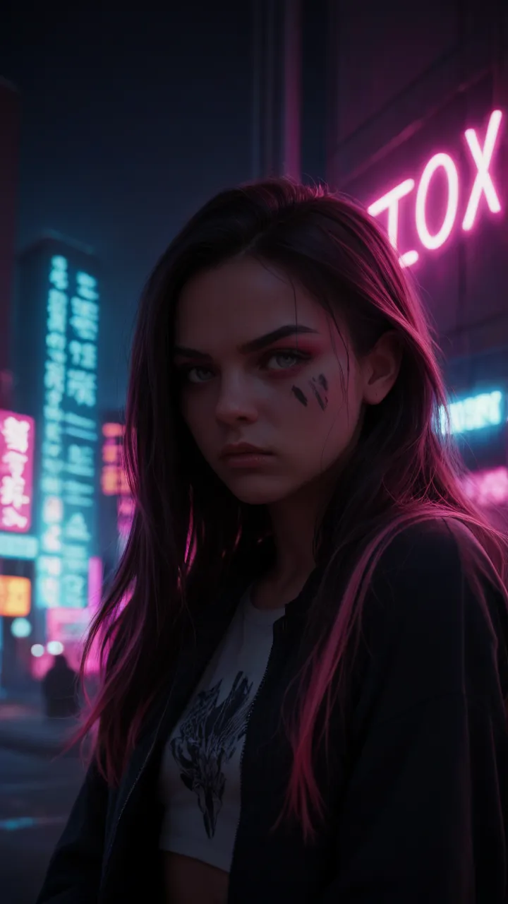 A neon-style illustration of a young woman with black long hair and pink streaks. She has a determined yet reflective expression, with eyes that show both strength and vulnerability. She is surrounded by a futuristic, neon-lit cityscape, symbolizing the pr...