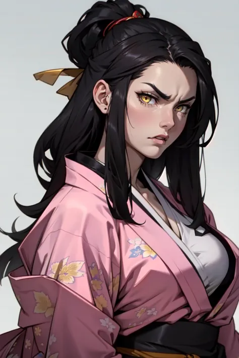 1girl black hair yellow eyes very long hair pale skin angry bodybuilder huge breasts muscular toned body ((kimono))