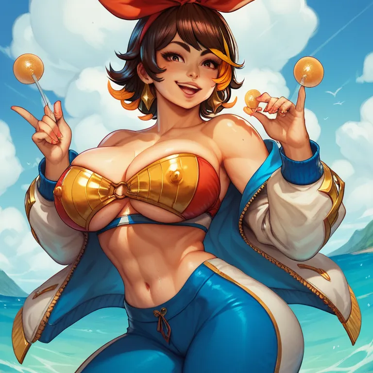 Osie Rizal, jOsie Rizal \(Tekken\), hair with blue and orange highlights, very sexy, sexy, sexy, sexy,extremely extremely big titts, corps inteiro, a very detailed face, beatiful pants