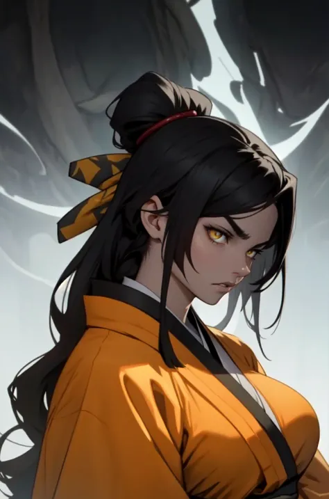 1girl black hair yellow eyes very long hair pale skin angry bodybuilder huge breasts muscular toned body ((kimono))