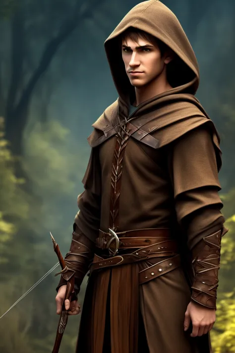 Create an image depicting a male elf in the RPG art style. He has straight, medium-length hair. He has distinct elvish features, like pointy ears, expressive brown eyes and a neutral expression. He is between 17 and 21 years old.  her hands are visible . T...