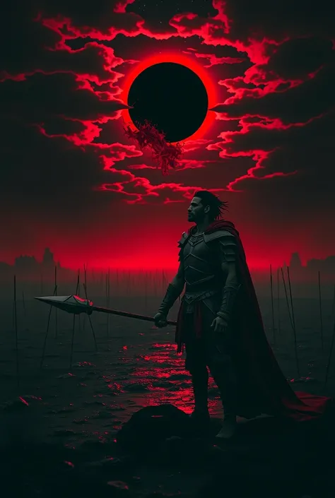 An open field on a dark night, a) The field is illuminated by the red light of a red moon, in focus is a green-skinned orc, Your body is athletic and slim, His skin is green , He wears medieval armor the armor is dyed red, Is the metal of the armor red, a ...