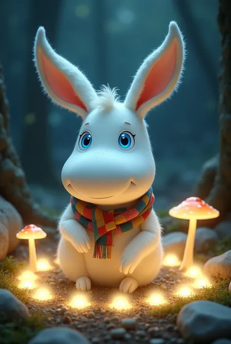 MoominWorld A *****-like creature with round, white fur, enormous ears, and glowing blue eyes, wearing a tiny patchwork scarf. They are sitting in the middle of a glowing fairy circle, surrounded by softly pulsing mushrooms and curious Moomin creatures.