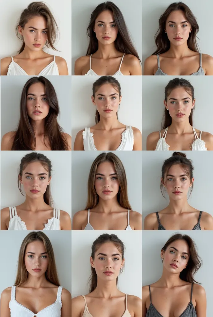 
### **Prompt для генерации в нейросети:**  
*"A collage of **12 high-quality photos** featuring the **same young woman** in different angles, poses, and framing styles, demonstrating ideal images for AI photo processing. The woman should look the same in ...