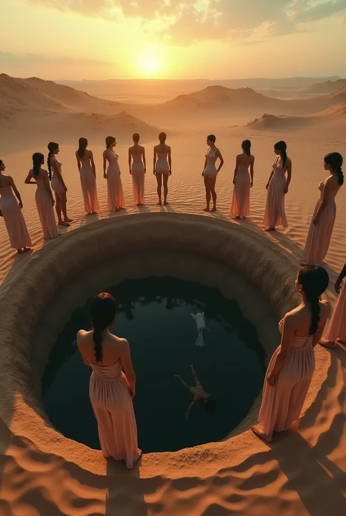 creates an image where 10 beautiful naked young women are standing looking at the bottom of a 10-meter-wide well with infinite depth and are completely surrounding it, in a desert at dusk, and one of them drops headlong into the well.