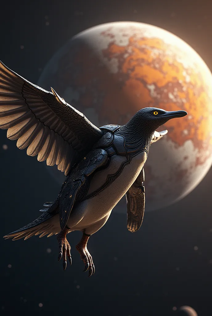 An armored penguin in space near the planet Mercury 