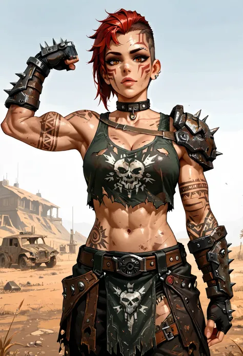 ((( whole body ))), master part, best quality , super detail beautiful woman, Tank Girl com cara de maluca, whole body, redhead Asymmetric Undercut Haircut hair, punk girl, post-apocalyptic world, torn and dirty clothes , Asymmetric Undercut Haircut, sides...