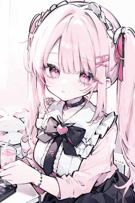   1 girl, Accurate depiction down to the smallest detail , Extremely Accurate Face,  white skin, detail makeup,  red lips, pink eye, short twin tails, medium, light pink hair, black droopy rabbit, beautiful big breasts,  pink clothes, pink shirt,  frill, f...