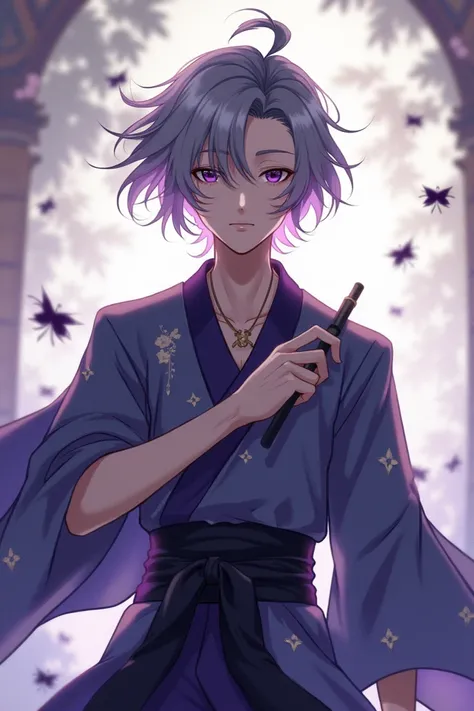 Male character design

Shinobu Kocho male version

Dark silver hair with violet tint

Short layered hair

Elegant traditional clothing

Serene yet intense expression

Insect-themed details

Sleek, agile build

Chinese animation style (donghua)

Mysterious ...