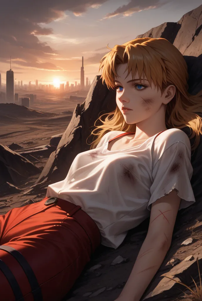 Make a wounded blond man angel, The angel fell wounded, Do it in the 80s anime style like Evangelion
