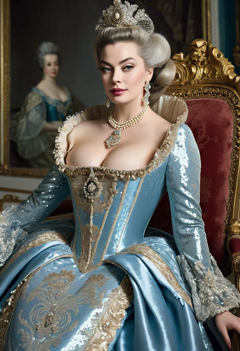 An authoritative and powerful real photo of a beautiful and celestial and majestic arrogant Madame de Pompadour who is a chief mistress of King Louis XV with large elegant, hawk-like-nose, who embodies old fashioned class, sophistication, elgance as well a...