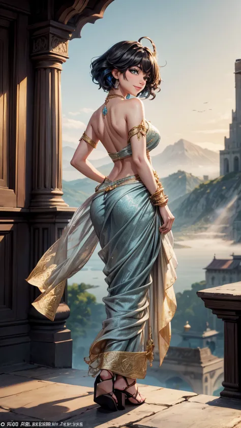 A breathtaking fantasy scene featuring a mesmerizing woman inspired by *Genshin Impact’s* ethereal aesthetic. She stands gracefully atop a mist-covered mountain, overlooking a sprawling ancient landscape bathed in the golden hues of dawn. She wears a shimm...