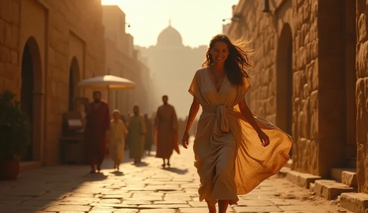 Mary Magdalene running through the narrow stone streets of Jerusalem, her robes flowing behind her, her face alight with joy and urgency, the city waking up as merchants set up their stalls, the Temple towering in the distance, the moment filled with movem...