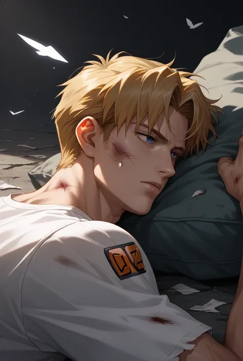 Make a wounded blond man angel, The angel fell wounded, Do it in the 90s anime style like Evangelion 
