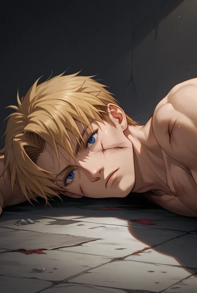 Make a wounded blond man angel, The angel fell wounded, Do it in the 90s anime style like Evangelion 
