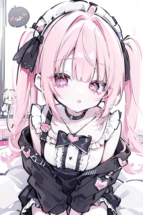   1 girl, Accurate depiction down to the smallest detail , Extremely Accurate Face,  white skin, detail makeup,  red lips, pink eye, short twin tails, medium, light pink hair, black droopy rabbit, beautiful big breasts,  pink clothes, frill,  Long Sleeve, ...