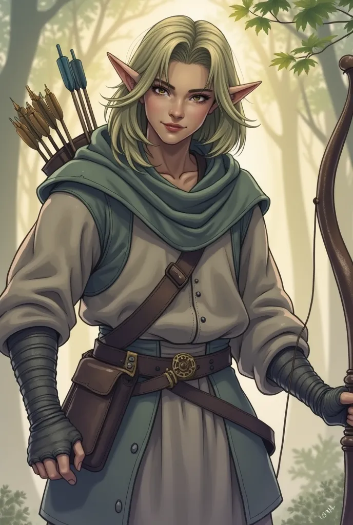 Create an image depicting a male elf in the RPG art style. He has straight, medium-length hair. He has distinct elvish features, like pointy ears, expressive brown eyes and a neutral expression. He is between 17 and 21 years old.  her hands are visible . T...