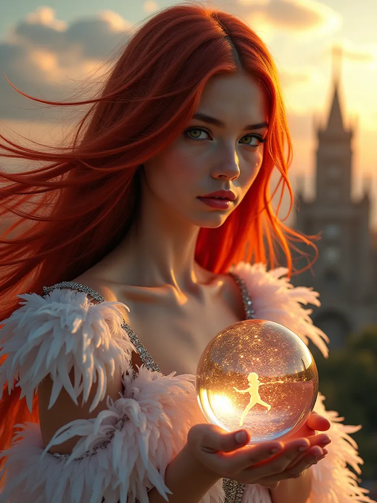 Ultrrealistic ultraphotographic image of a stunning female with flowing, blowing in the wind, long red straight hair, exuding an aura of dark fantasy. She is wearing a low cut form fitting dress, made out of shining soft fluffy white with soft ice pink edg...