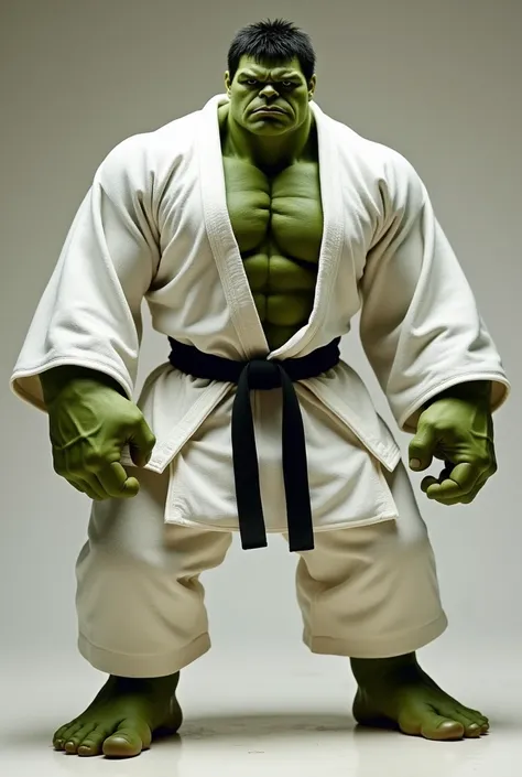 Let's imagine the Hulk in a judo kimono. He is wearing a traditional white kimono, but which seems small for his gigantic size. The sleeves, for example, barely pass the middle of his muscular forearms, and the fabric seems to tear with any sudden movement...