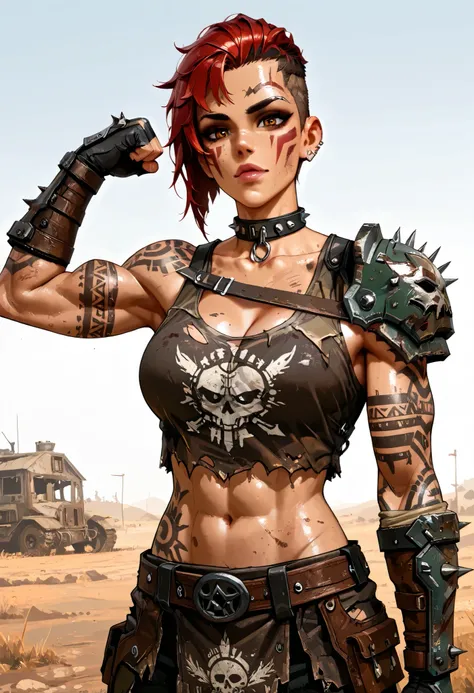 ((( whole body ))), master part, best quality , super detail beautiful woman, Tank Girl com cara de maluca, whole body, redhead Asymmetric Undercut Haircut hair, punk girl, post-apocalyptic world, torn and dirty clothes , Asymmetric Undercut Haircut, sides...