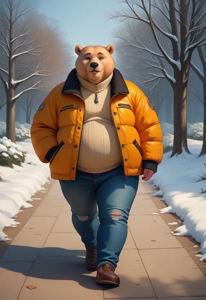 Furry bear, morbid obesity, gigantic belly, chubby cheeks, walking in the park, winter,  jacket, jeans, fluffy, Realistic anatomy, detail, 