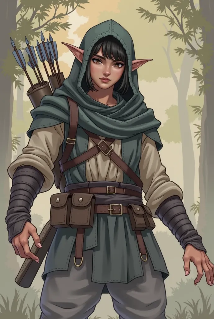 Create an image depicting a male elf in the RPG art style. He has straight, medium-length hair. He has distinct elvish features, like pointy ears, expressive brown eyes and a neutral expression. He is between 17 and 21 years old.  her hands are visible . T...