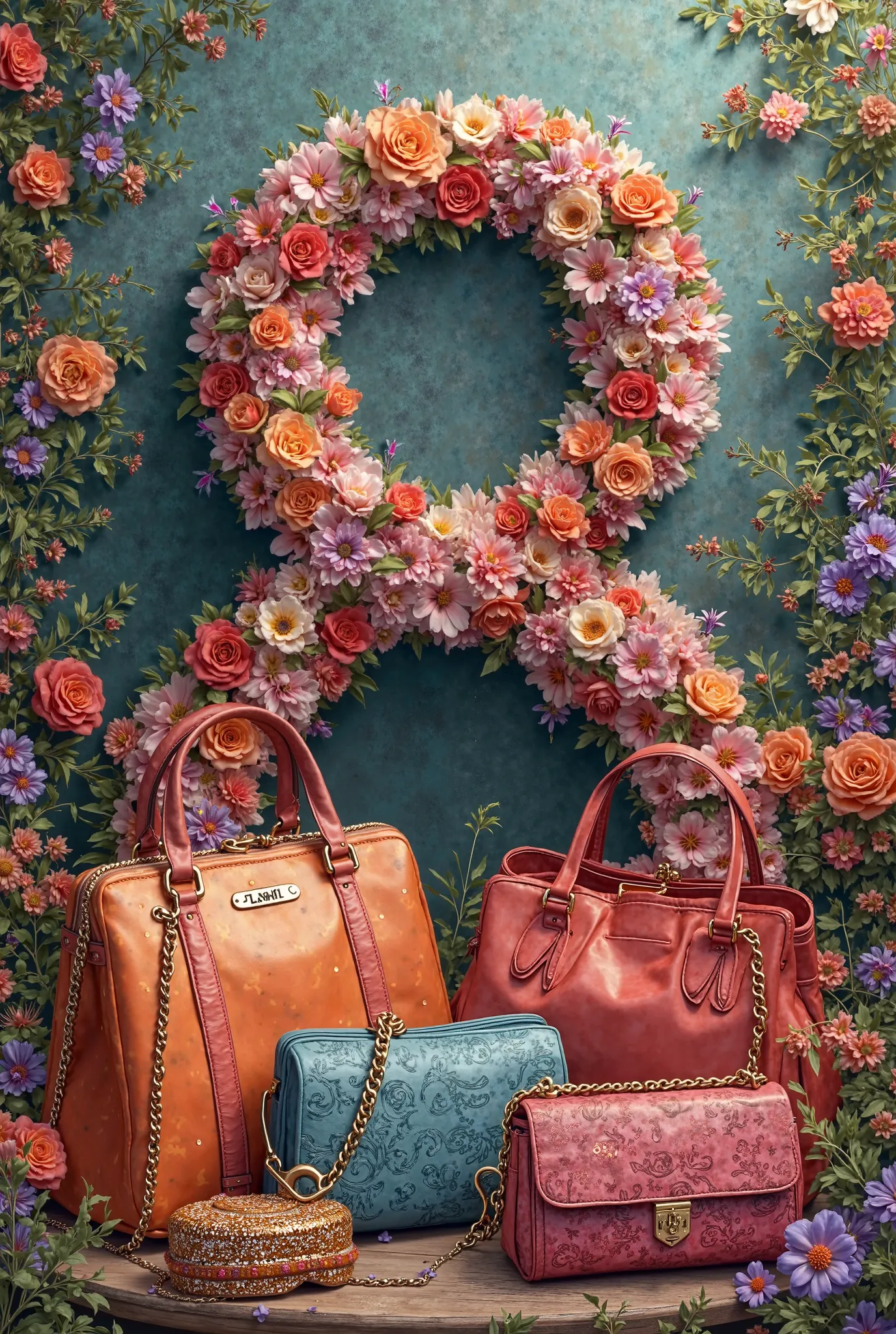 Women's bags in a background of flowers with the number eight