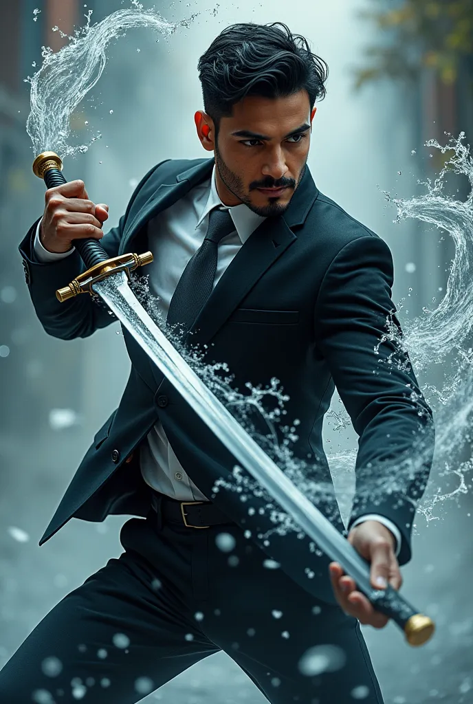  Handsome Latino man with short beard dressed in a black suit ,   dressed in white shirt and gray tie  ,  wielding a sword wrapped in water in combat posture .