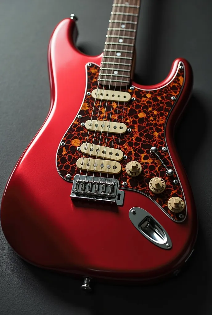 Generate a realistic Stratocaster with a dark wooden keyboard, Red tortoise pickguard and the red metallic body