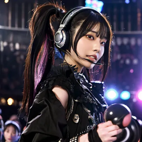 japanese woman,  dj, with headphone, in the club,  kawaii, ((very short cut:1.2)), crowds around, cyber punk, gothic lolita, ((DJ, dancing, on the stage:1.3))