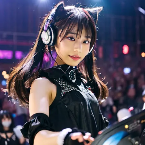 japanese woman,  dj, with headphone, in the club,  kawaii, ((very short cut:1.2)), crowds around, cyber punk, gothic lolita, ((DJ, dancing, on the stage:1.3))