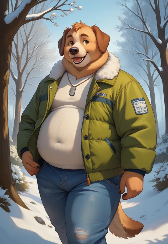 Furry dog, obese, gigantic belly, chubby cheeks, walking in the park, winter,  jacket, jeans, fluffy, Realistic anatomy, detail, 