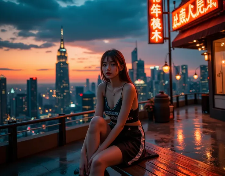 Beautiful amber skies (Large and prominent perky breasts) (portrait Flash photography) photo, Aesthetically pleasing cinematic composition, epic perspective, dramatic lighting and shadows, symmetrical and detailed, Cute girl with small perky breasts araffe...