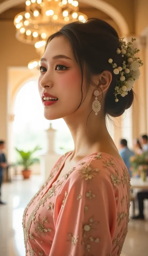 double exposure, cover photo of the film entitled "Friday Blessings". The cover shows a beautifull girl, wearing kebaya clothes,standing smiling slightly facing the camera. The background is a wedding hall. The overall image has soft focus and warm lightin...