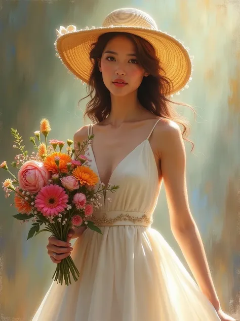 A hyper-realistic, oil painting, girl in a tiffany hat, white dress, a bouquet of flowers in her hand, soft light tones, a beautiful face and hand