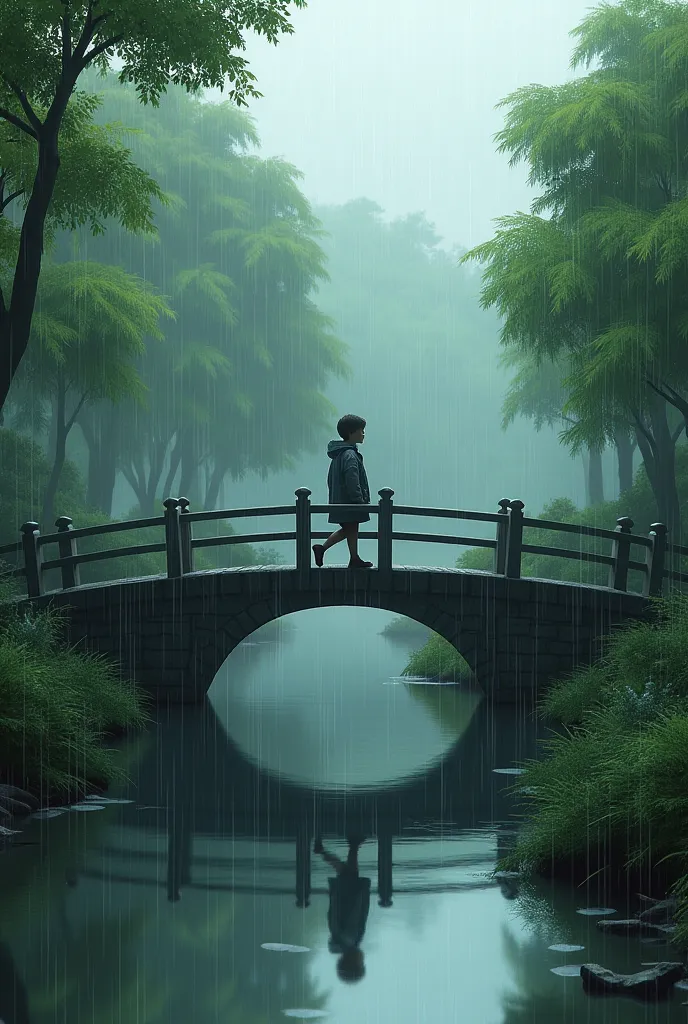 A boy walk in rainy day on a beautiful bridge
