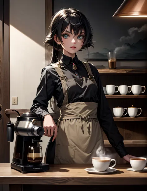 (1girl:1.3), (female focus:1.3), ultra-detailed, vibrant colors, (intricate details:1.1), (vibrant eyes:1.1), ornate clothes, oil painting, (professional barista, apron-dressed, skilled hands, coffee brewing, vintage coffee machine:1.3), (steam rising, woo...