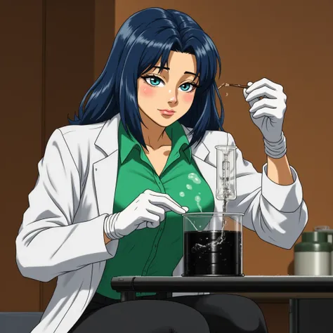 a woman with dark blue hair, a green shirt and black pants. White coat is gloves.  developed body. she's in a laboratory, experimenting on a black liquid. Do the walls have a bronze tint, screenshot, anime.