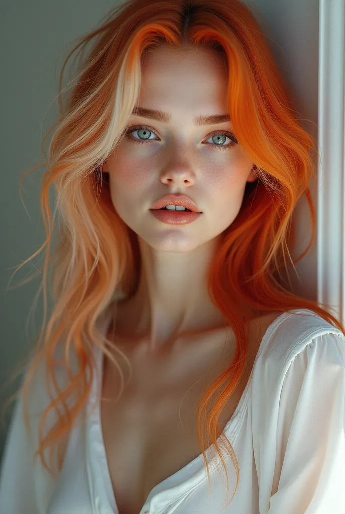 A beautiful Russian woman with orange red and white hair and with blue eyes and with a thin nose and with a perfect look and face and with a perfect apple chin and wearing a sexy shirt but now full body and the same girl as the previous one please