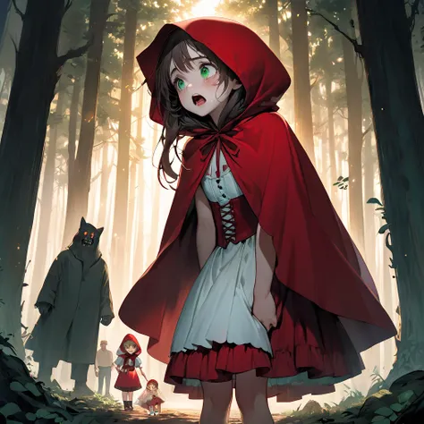 view of a breathtaking, dreamlike, and intensely vibrant cinematic photograph of a full-body portrait of vulnerable and scared 10-yr-old Little Red Riding Hood, standing in a shy and scared manner looking down while lifting her short red skirt and showing ...