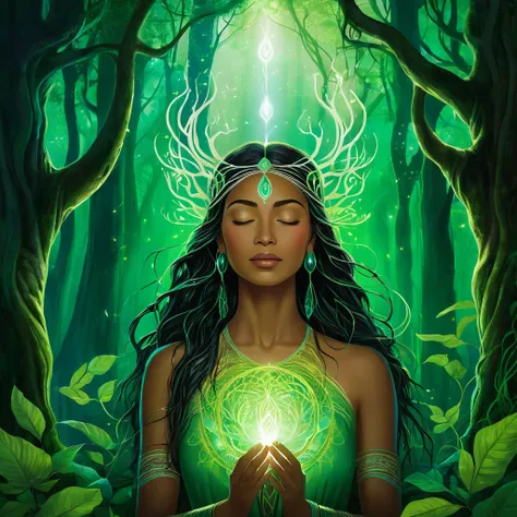 "A spiritual vision of Yara, with her eyes closed and an expression of deep tranquility, connecting with the spirits of the forest. Her body glows softly with green light, and around her, there is a manifestation of ethereal forms of indigenous spirits, as...