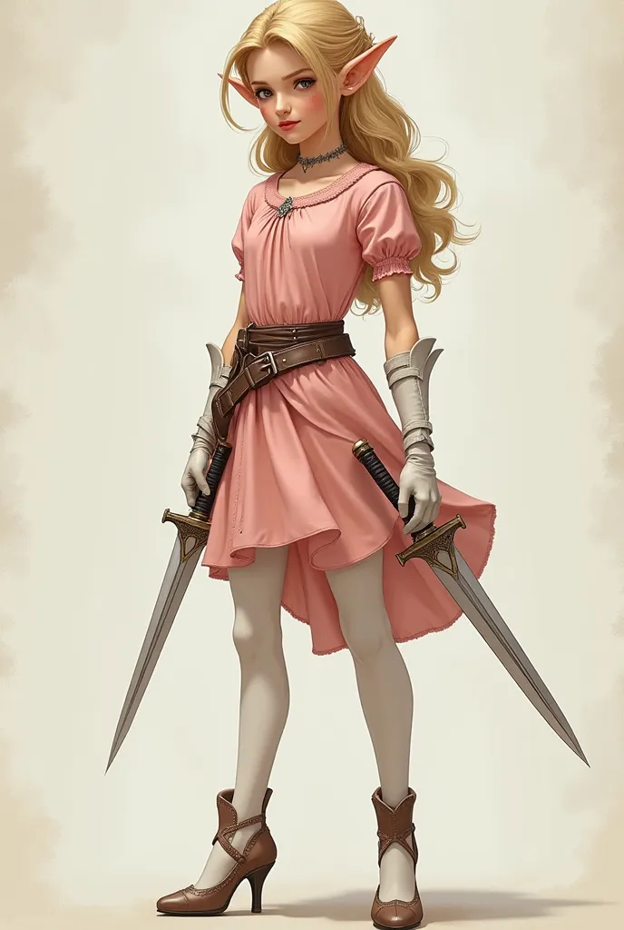 elf boy in a light pink dress, long stockings above the knee, elbow-length white gloves, covering the palm of your hand and wearing high, closed high-heeled shoes, with daggers in his hands and a sheath on his belt