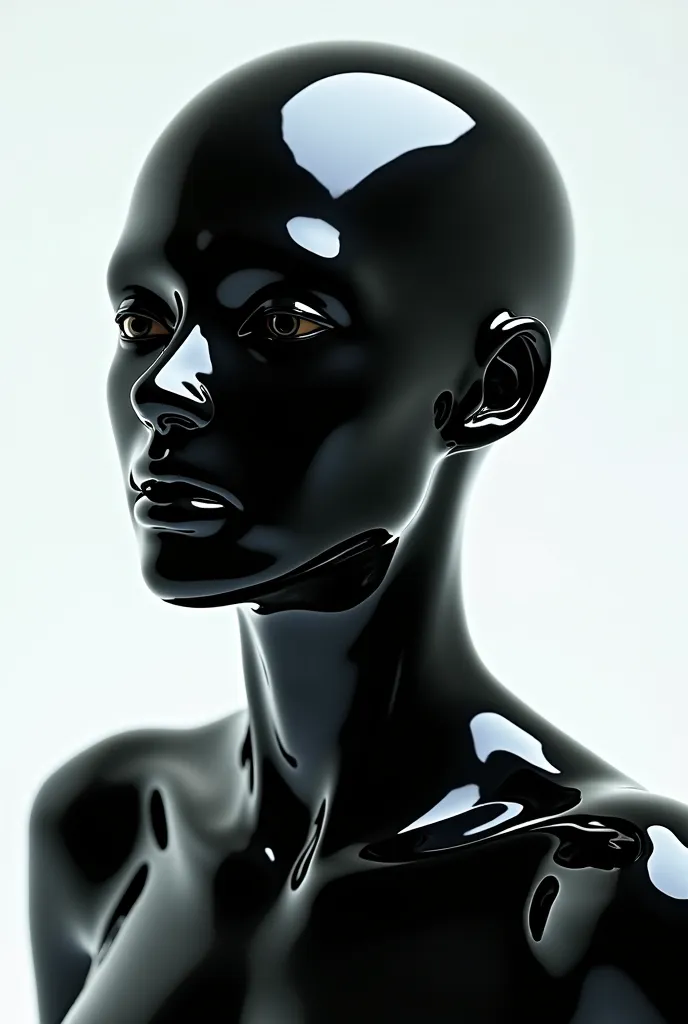 Create a surreal and hyper-realistic image of a humanoid figure entirely covered in a viscous black substance, resembling ink or oil. The skin should be completely black and glossy, with no visible human skin tones. The substance should merge organically w...